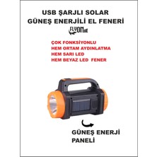 Flyonlook Solar Güneş Enerjili Hem Ortam Aydınlatma Hem Sarı Ön LED - Arka Beyaz LED Powerbank Özelikli Fener