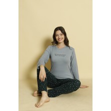 Temporium Kadın Baskılı Desenli Uzun Kollu Milan Kumaş Bambu Pijama Takımı