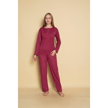 Temporium Kadın Yakası Düğmeli Mevsimlik Bambu Uzun Kollu Pijama Takımı
