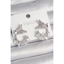 Clariss Pirinç Gümüş Renk Zirkon Taşlı Sallantı Detay Kelebek Model Kadın Küpe