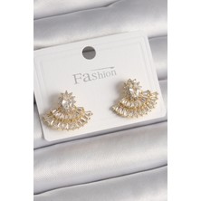 Clariss Pirinç Gold Renk Zirkon Taşlı Yelpaze Model Kadın Küpe