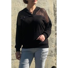 Mia Butik Kadın Siyah File Detaylı Bluz