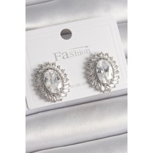 Shopzum Pirinç Gümüş Renk Zirkon Taşlı Kadın Küpe