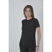 Kadın Gögüs Fileli Slim Fit T-Shirt - Siyah
