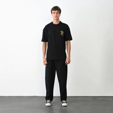 Unisex Bisiklet Yaka Baskılı Oversize T-Shirt - Siyah