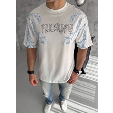 Unisex Bisiklet Yaka Baskılı Oversize T-Shirt - Beyaz
