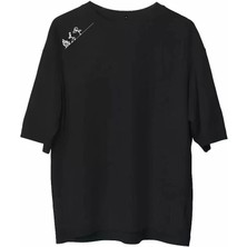 Unisex Bisiklet Yaka Baskılı Oversize T-Shirt - Siyah