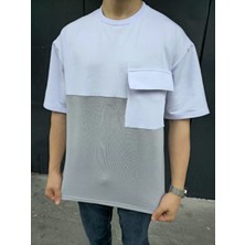 Unisex Torba Cep Detaylı Parçalı T-Shirt - Gri