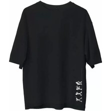 Unisex Bisiklet Yaka Baskılı Oversize T-Shirt - Siyah