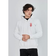 Unisex Baskılı Tam Fermuarlı Kapşonlu Sweatshirt - Beyaz
