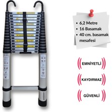 Endokon 620 Cm. - 16  Basamaklı Kancalı Teleskobik / Teleskopik Alüminyum Merdiven - I Tipi Uzayan Merdiven