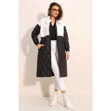 Kadın Beyaz Peluş Detaylı Oversize Kapitone Uzun Mont HZL25W-BD151851