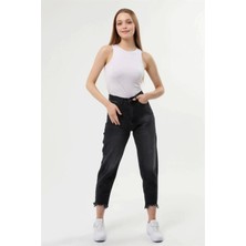 Modaca Kadın Slim Fit Mom Jean Taşlanmış Füme