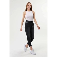 Modaca Kadın Slim Fit Mom Jean Taşlanmış Füme