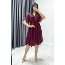 ZKS Grup Tekstil Bordo Kloş Yarım Kol Büyük Beden Şifon Elbise