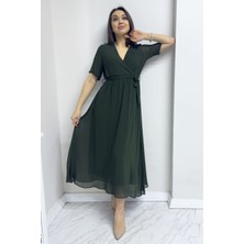 ZKS Grup Tekstil Haki Kısa Kol Kruvaze Yaka Şifon Büyük Beden Elbise