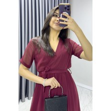 ZKS Grup Tekstil Bordo Kısa Kol Kruvaze Yaka Şifon Büyük Beden Elbise