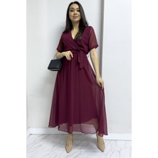 ZKS Grup Tekstil Bordo Kısa Kol Kruvaze Yaka Şifon Büyük Beden Elbise