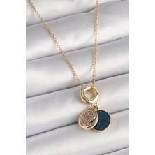 Tua Moda 316L Çelik Gold Renk Zincir Zirkon Taşlı Kalp Model Mavi Simli Kadın Kolye