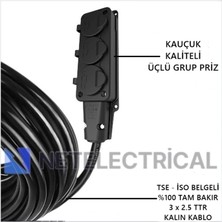 Netelectrical Kauçuk 3'lü 1 Metre Topraklı Grup Priz - 3x2.5 Ttr Tam Bakır Kalın Siyah Kablo