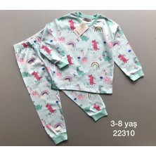 Isob Turkuaz Unicorn Desenli %100 Pamuk Kız Çocuk Pijama Takımı 3-8 Yaş 22310-T