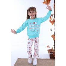 Pjk2i Çiçek Desenli Yeşil Çiçekli Fitilli Taytlı 2 Ip %100 Pamuk Kız Çocuk Takımı 3-10 Yaş 7211-Y