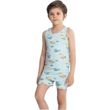 Elm Su Yeşili Uçak Desenli Erkek Çocuk Atlet Boxer Takımı 7009