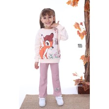 Pjk2i Bambi Desenli Gül Kurusu Fitilli Taytlı 2 Ip %100 Pamuk Kız Çocuk Takımı 3-10 Yaş 7222-GK