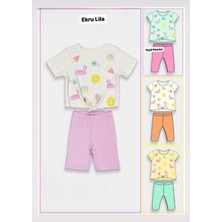 Yağmur Giyim Güneşli Karpuzlu Yaz Desenli Ekru-Lila Kısa Taytlı Kız Çocuk Takımı 2-5 Yaş 24028