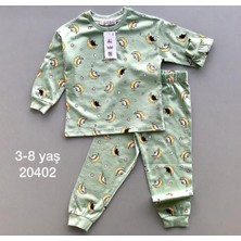 Isob Yeşil Ayda Uyuyan Ayıcık Desenli %100 Pamuk Çocuk Pijama Takımı 3-8 Yaş 20402-Y