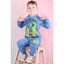 Pjk3i Minecraft Desenli Mavi 3 Ip Şardonlu Kapşonlu %100 Pamuk Erkek Çocuk Eşofman Takımı 3-10 Yaş 7394-M