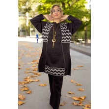 Yagmur Beren Zik Zak Desenli Aksesuar Detay Mini Yırtmaçlı Uzun Kazak  Akrilik Büyük Beden Alt Üst Takım