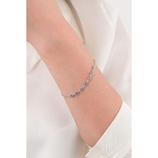 TMT Silver Gümüş Turkuaz Akuamarin Taşlı Gök Mavisi Mekik Pırlanta Modeli Su Yolu Bileklik