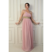 By Saygı Kadın Tek Omuz Askılı Önü Hasır Astarlı Şifon Uzun Elbise