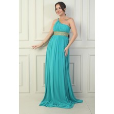 By Saygı Kadın Tek Omuz Askılı Önü Hasır Astarlı Şifon Uzun Elbise