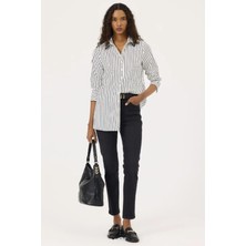 Kadın Boncuk Detaylı Çizgili Gömlek - Ekru