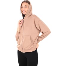 Pachie Kapüşonlu Fermuarlı Kadın Cepli Vizon Sweatshirt (PCST062)