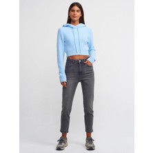 Dilvin 10486 Yumuşak Dokulu Kapşonlu Crop Kazak-Mavi