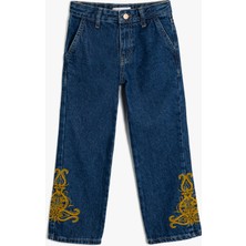 Koton Işlemeli Kot Pantolon Düz Paça Cepli Pamuklu- Straight Jean