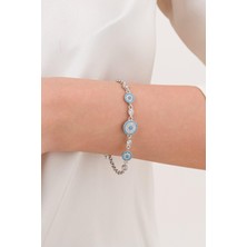 TMT Silver Gümüş Turkuaz Firuze ve Zirkon Taşlı Göz Nazar Boncuklu Boncuğu Bileklik