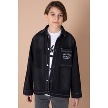 Siyah Yazı Nakışlı Jean Gömlekli Tişörtlü Erkek Çocuk 2li Takım 20035