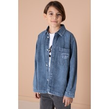 Lacivert Yazı Nakışlı Jean Gömlekli Tişörtlü Erkek Çocuk 2li Takım 20034