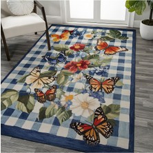 Kilim Home Mars 209 Mavi Beyaz Ekose Çiçek Kelebek Figürlü Modern Dokuma Taban Dekoratif Halı