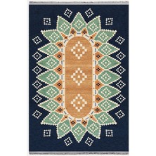 Kilim Home MARS114 Mavi Tonlarında Klasık Dekoratif Kilim Salon Halısı Saçaklı Yıkanabilen Halı