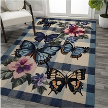 Kilim Home Mars 211 Mavi Beyaz Ekose Çiçek Kelebek Figürlü Modern Dokuma Taban Dekoratif Halı