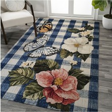 Kilim Home Mars 210 Mavi Beyaz Ekose Çiçek Kelebek Figürlü Modern Dokuma Taban Dekoratif Halı