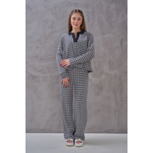 SHUGAA Kadın Polo Yaka Kaz Ayağı Desenli Tasarım Rahat Kalıp Takım