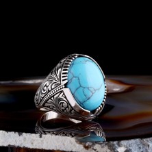 Tesbih Sepetim Turkuaz Taşlı Kalem Işleme Desenli 925 Ayar Gümüş Erkek Yüzük