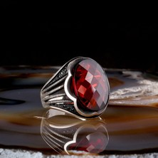 Tesbih Sepetim Faset Kesim Kırmızı Zirkon Taşlı 925 Ayar Gümüş Erkek Yüzük