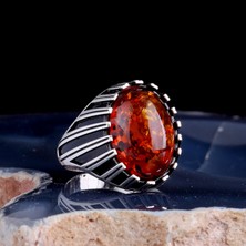 Tesbih Sepetim Sentetik Kehribar Taşlı 925 Ayar Gümüş Erkek Yüzük